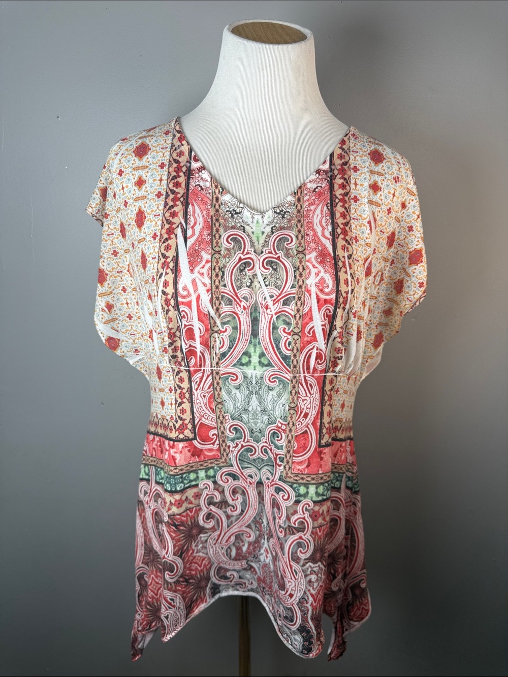 Bohemian Paisley Print V-Neck Top - Coral, Green & Cream